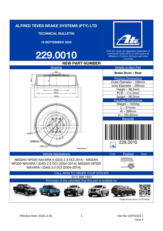 229.0010 NEW! BRAKE DRUM FOR NISSAN NP300 NAVARA II; NISSAN NP300 NAVARA I.	 featured image